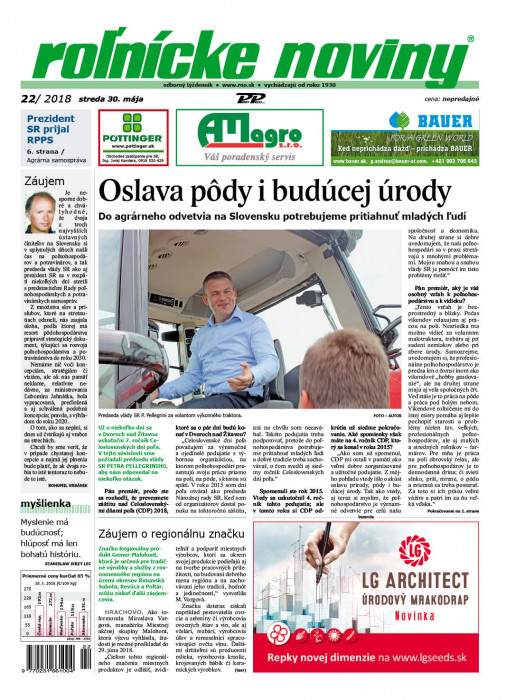 Obálka titulu Rolnické noviny - vydání č. 22/2018