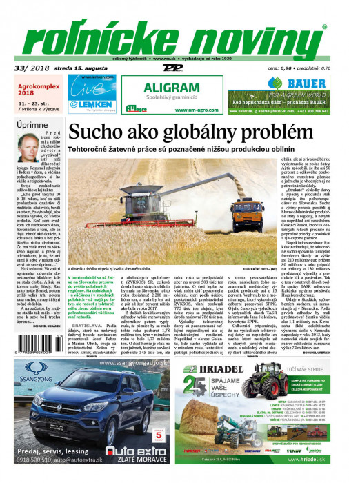 Obálka titulu Rolnické noviny - vydání č. 33/2018