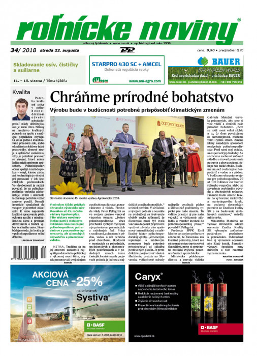 Obálka titulu Rolnické noviny - vydání č. 34/2018