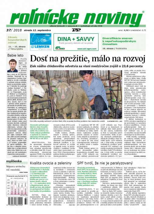 Obálka titulu Rolnické noviny - vydání č. 37/2018