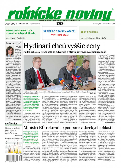 Obálka titulu Rolnické noviny - vydání č. 39/2018