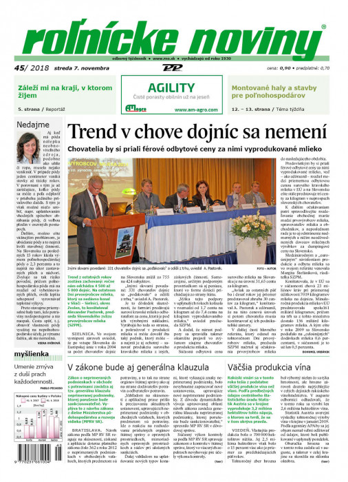 Obálka titulu Rolnické noviny - vydání č. 45/2018
