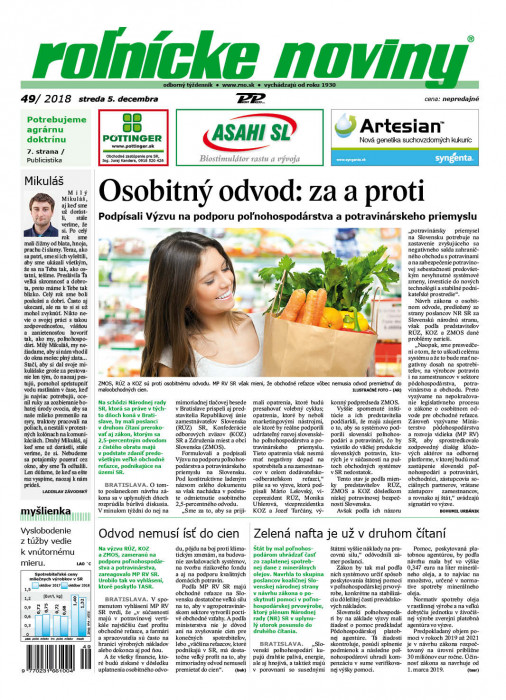 Obálka titulu Rolnické noviny - vydání č. 49/2018