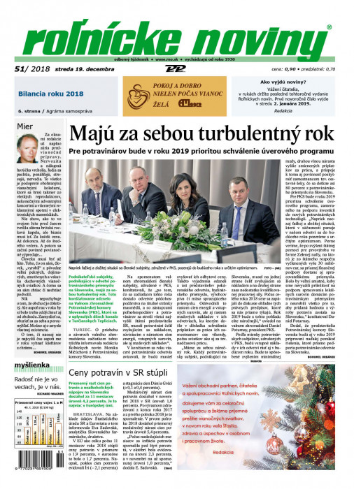 Obálka titulu Rolnické noviny - vydání č. 51/2018