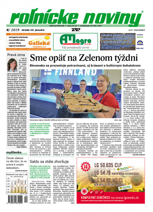 Obálka titulu Rolnické noviny - vydání č. 4/2019