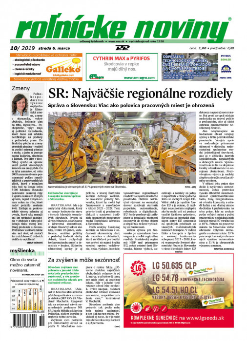 Obálka titulu Rolnické noviny - vydání č. 10/2019