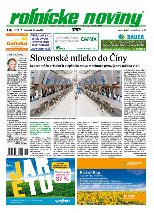 Obálka titulu Rolnické noviny - vydání č. 14/2019