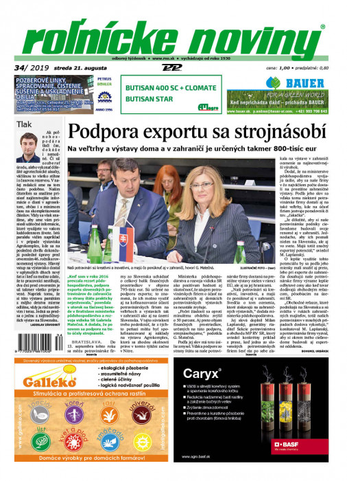 Obálka titulu Rolnické noviny - vydání č. 34/2019