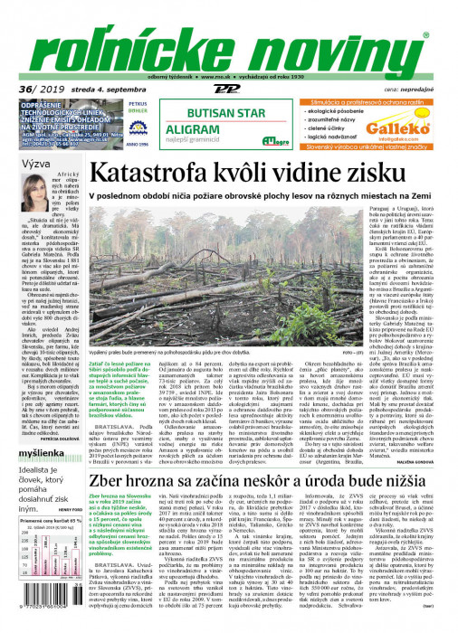 Obálka titulu Rolnické noviny - vydání č. 36/2019