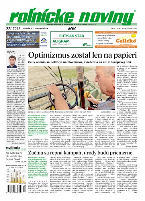 Obálka titulu Rolnické noviny - vydání č. 37/2019