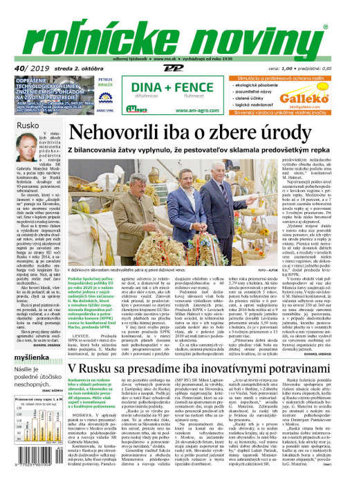 Obálka titulu Rolnické noviny - vydání č. 40/2019