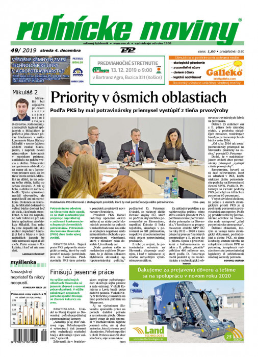 Obálka titulu Rolnické noviny - vydání č. 49/2019