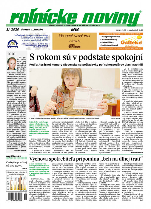 Obálka titulu Rolnické noviny - vydání č. 1/2020