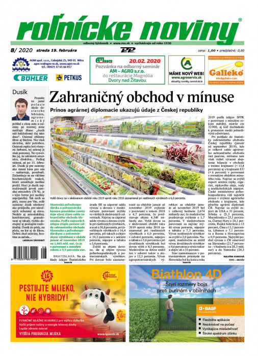 Obálka titulu Rolnické noviny - vydání č. 8/2020