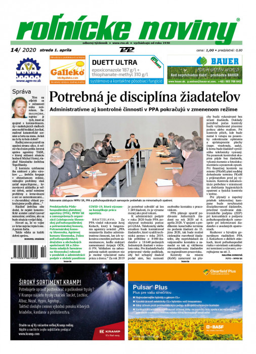 Obálka titulu Rolnické noviny - vydání č. 14/2020