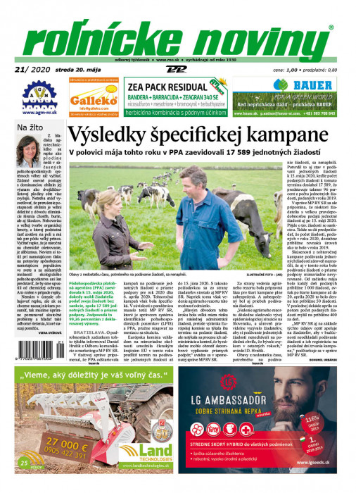 Obálka titulu Rolnické noviny - vydání č. 21/2020