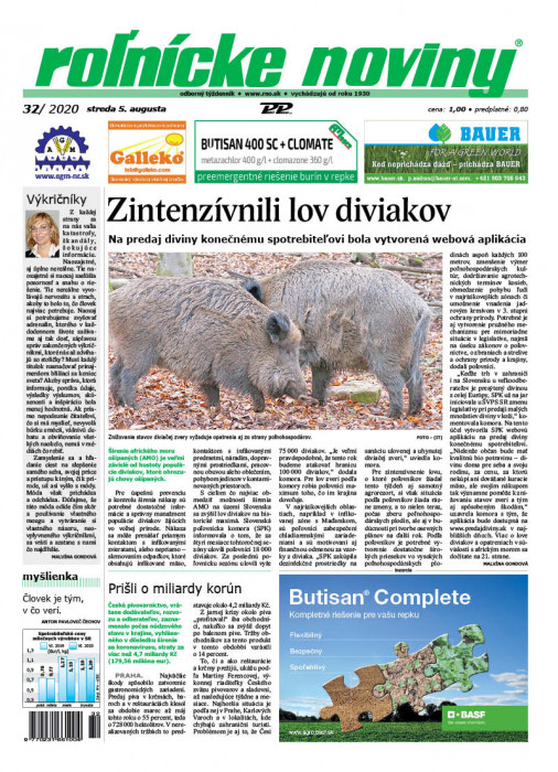 Obálka titulu Rolnické noviny - vydání č. 32/2020