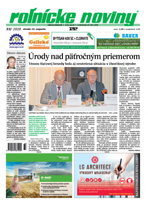 Obálka titulu Rolnické noviny - vydání č. 33/2020