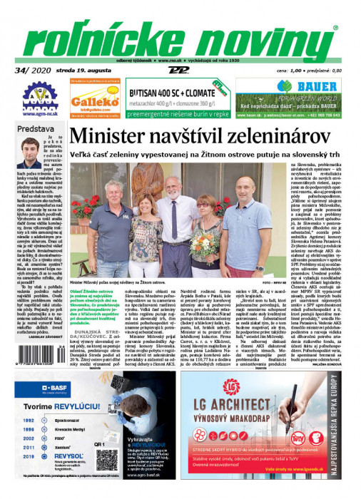 Obálka titulu Rolnické noviny - vydání č. 34/2020