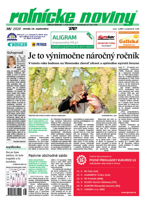 Obálka titulu Rolnické noviny - vydání č. 38/2020
