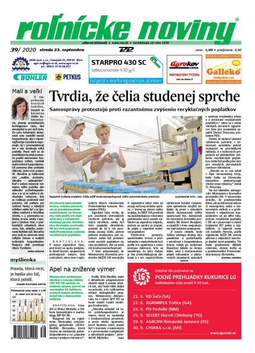 Obálka titulu Rolnické noviny - vydání č. 39/2020