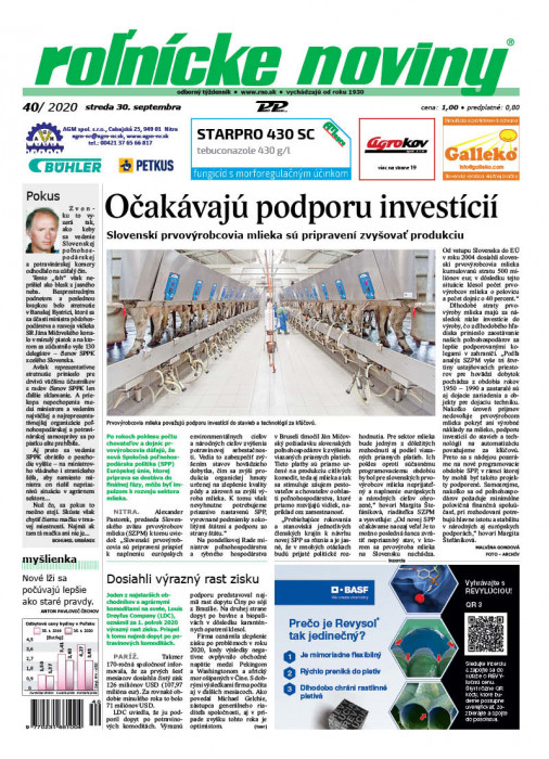 Obálka titulu Rolnické noviny - vydání č. 40/2020