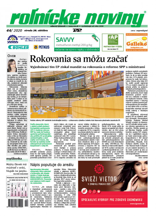 Obálka titulu Rolnické noviny - vydání č. 44/2020