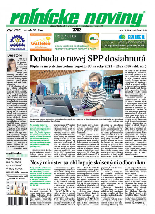 Obálka titulu Rolnické noviny - vydání č. 26/2021