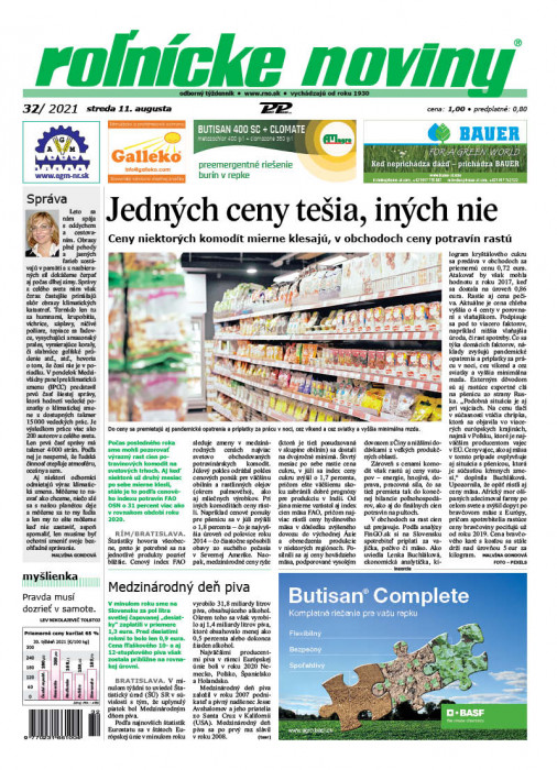 Obálka titulu Rolnické noviny - vydání č. 32/2021