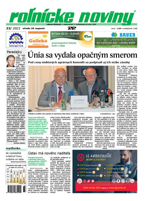 Obálka titulu Rolnické noviny - vydání č. 33/2021