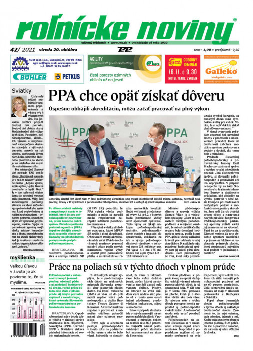 Obálka titulu Rolnické noviny - vydání č. 42/2021