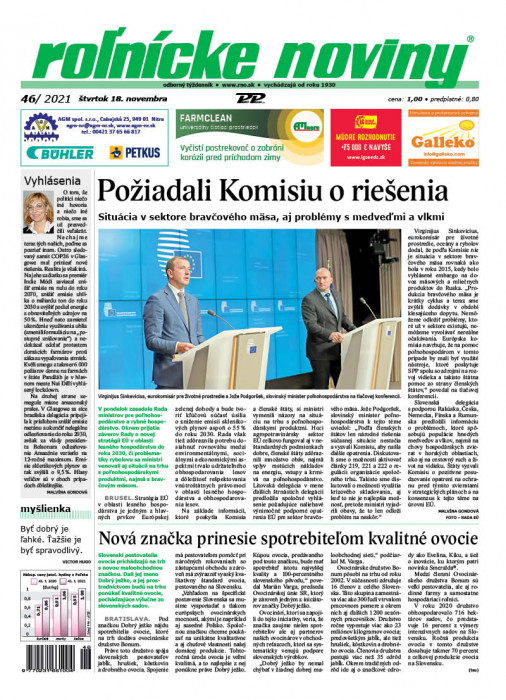 Obálka titulu Rolnické noviny - vydání č. 46/2021