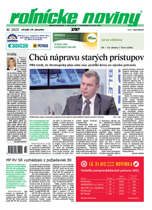 Obálka titulu Rolnické noviny - vydání č. 3/2022