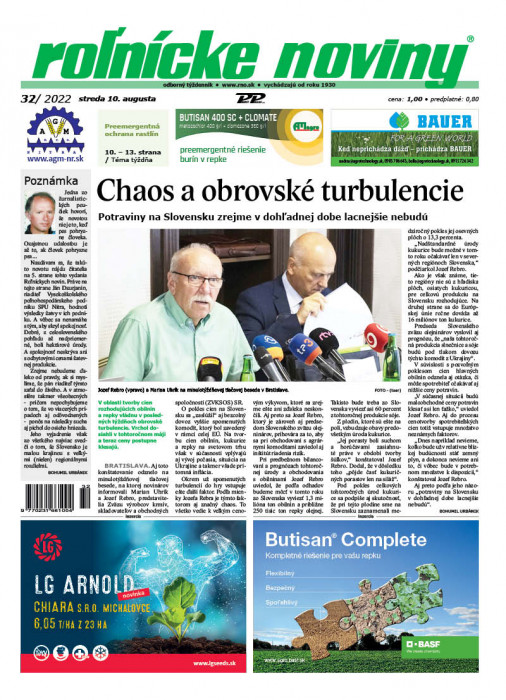 Obálka titulu Rolnické noviny - vydání č. 32/2022