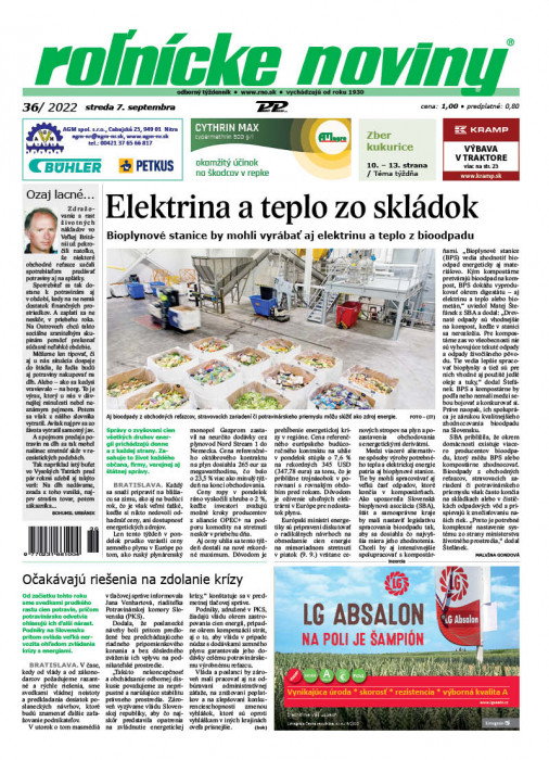 Obálka titulu Rolnické noviny - vydání č. 36/2022