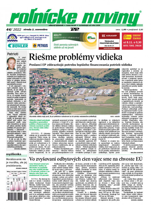 Obálka titulu Rolnické noviny - vydání č. 44/2022