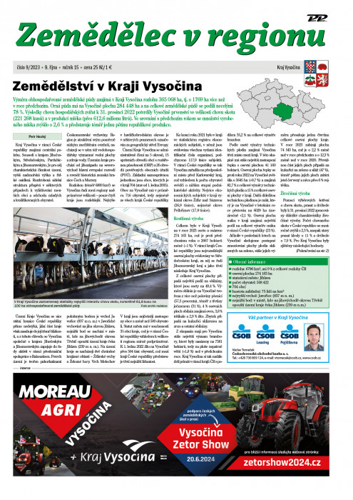 Obálka titulu Zemědělec v regionu - vydání č. 9/2023