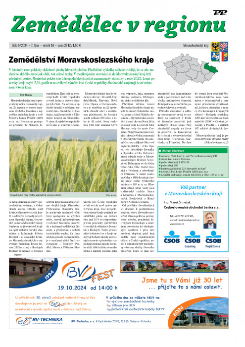 Obálka titulu Zemědělec v regionu - vydání č. 9/2024