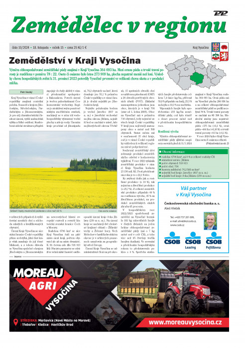 Obálka titulu Zemědělec v regionu - vydání č. 10/2024