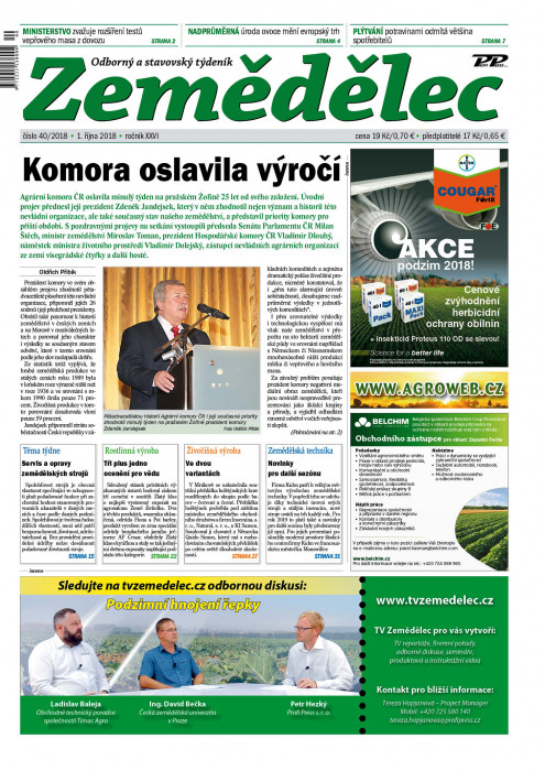 Obálka titulu Zemědělec - vydání č. 40/2018