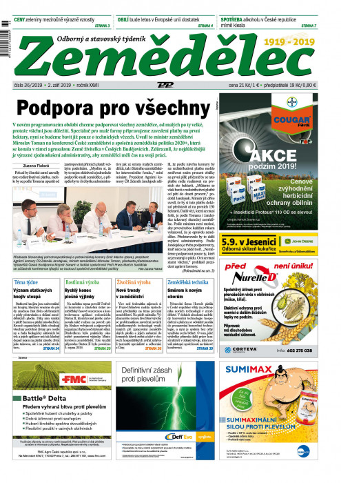 Obálka titulu Zemědělec - vydání č. 36/2019
