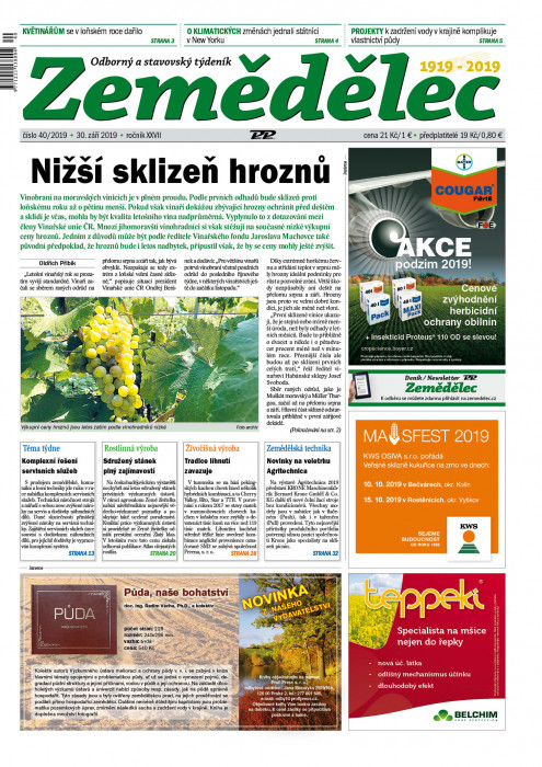 Obálka titulu Zemědělec - vydání č. 40/2019