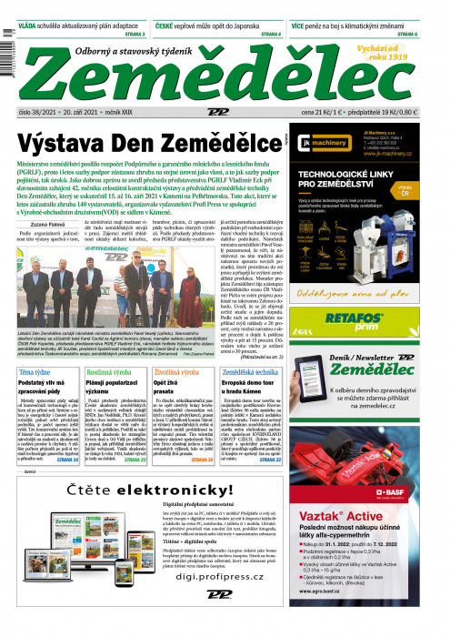 Obálka titulu Zemědělec - vydání č. 38/2021